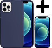 Hoes voor iPhone 12 Pro Max Hoesje Siliconen Case Met Screenprotector Tempered Glass - Hoes voor iPhone 12 Pro Max Hoes Cover Met Screenprotector - Donker Blauw