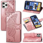 Telefoonhoesje voor Apple iPhone 12 Mini | Hoogwaardig PU Leren Bookcase | Lederen Wallet Case | Pasjeshouder | Portemonnee | Vlinder Patroon | Roze