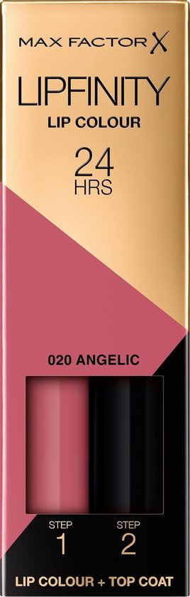 Max Factor Lipfinity Lip Colour verpakking in oudroze en goudkleur. Toont '020 Angelic'.