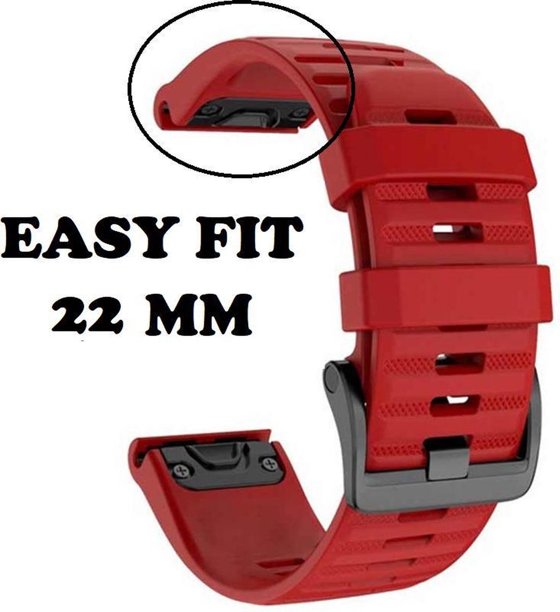 Firsttee - Siliconen Horlogeband - EASY FIT - Voor GARMIN - ROOD - 22 MM - Horlogebandjes - Quick Release - Easy Click - Garmin - S60 - S62 - Fenix 5 - Forerunner 935 - Fenix 6 (Pro) - Horloge bandje - Golfkleding - Golf accessoires - Cadeau - Firsttee
