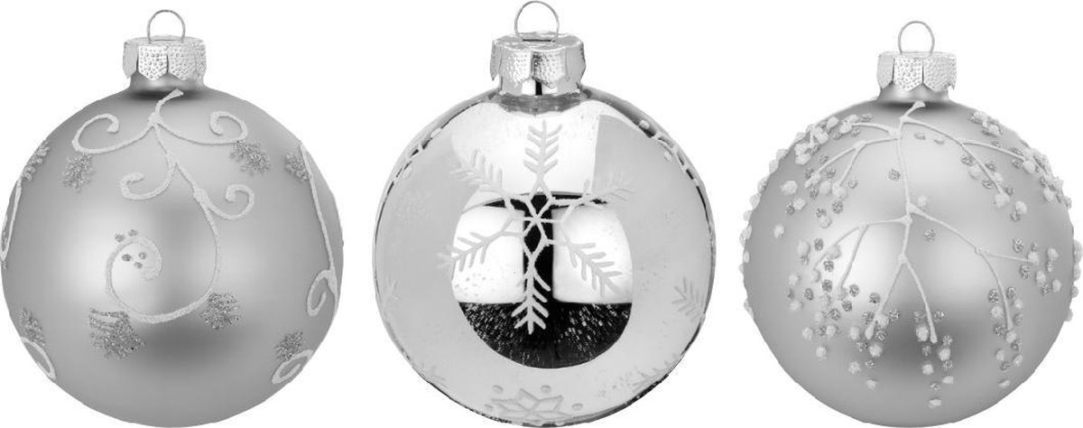 Set van 3 - Hippe Gedecoreerde Zilveren Kerstballen - 8 cm