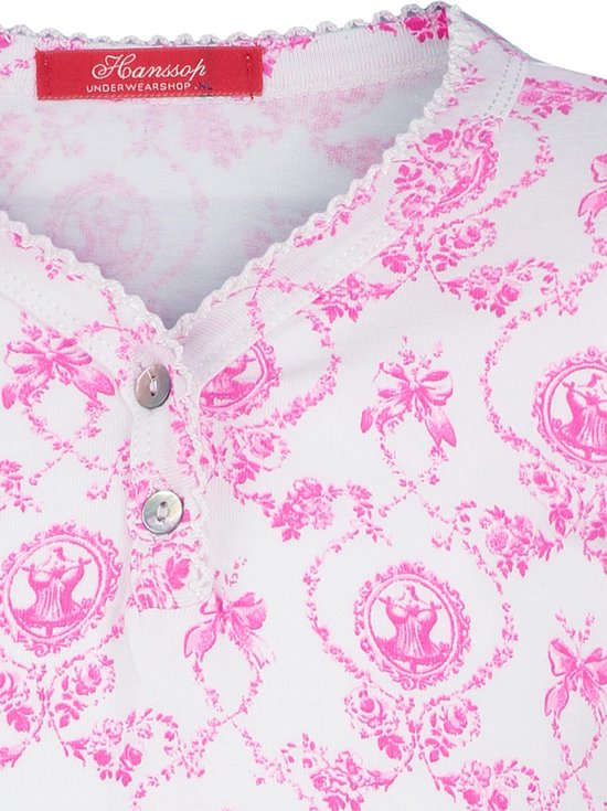 Luxe mooie zacht roze Girly Pyjama Set van Hanssop met verfijnde rand details en luxe knoop sluiting, Meisjes pyjama, roze bloem print, maat 128