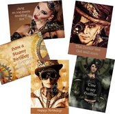 Steampunk wenskaarten set Cyrus, 5 Steampunk kaarten, Steampunk rouwkaart, Fantasy verjaardagskaart