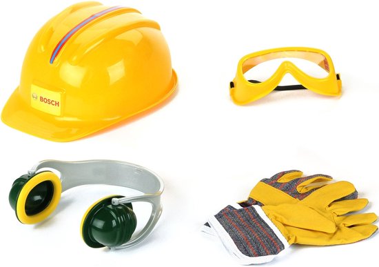 Klein Toys Bosch 4-delige accessoireset - werkhandschoenen, werkbril, oorbeschermers en helm - geeft plezier geen bescherming - geel
