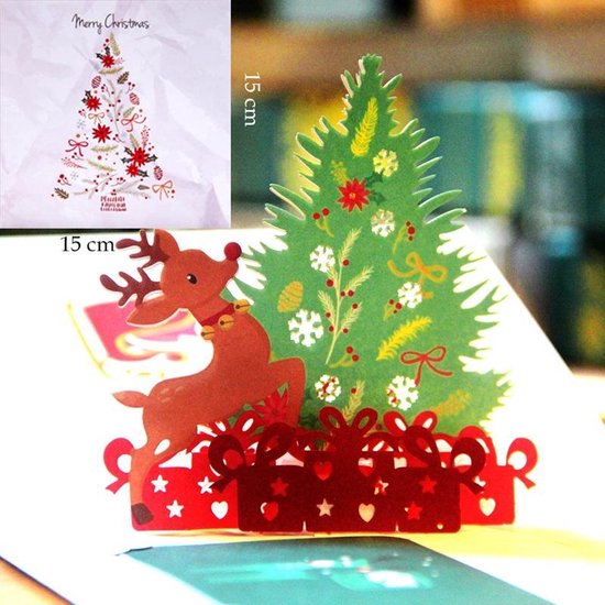 3D popupkaart - Kerstkaart met Grote kerstboom Arrenslee Hertje en Cadeautjes Merry Christmas pop-up wenskaart
