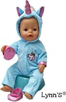 Poppenkleertjes - Geschikt voor Baby Born pop - Eenhoorn onesie met schoentjes - Blauw - Met capuchon - Pyjama - Outfit voor babypop