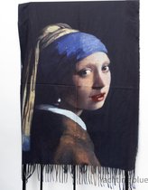 Sjaal - dames - meisje met de parel - Vermeer - wol - katoen  - museumsjaal - mode en kunst - donkerblauwe achterkant  -  sjaal - dameskado - kado vrouw - cadeau - voorjaar -