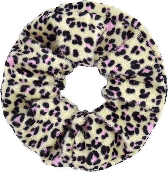 Zachte scrunchie/haarwokkel met luipaard/panter print, geel/roze
