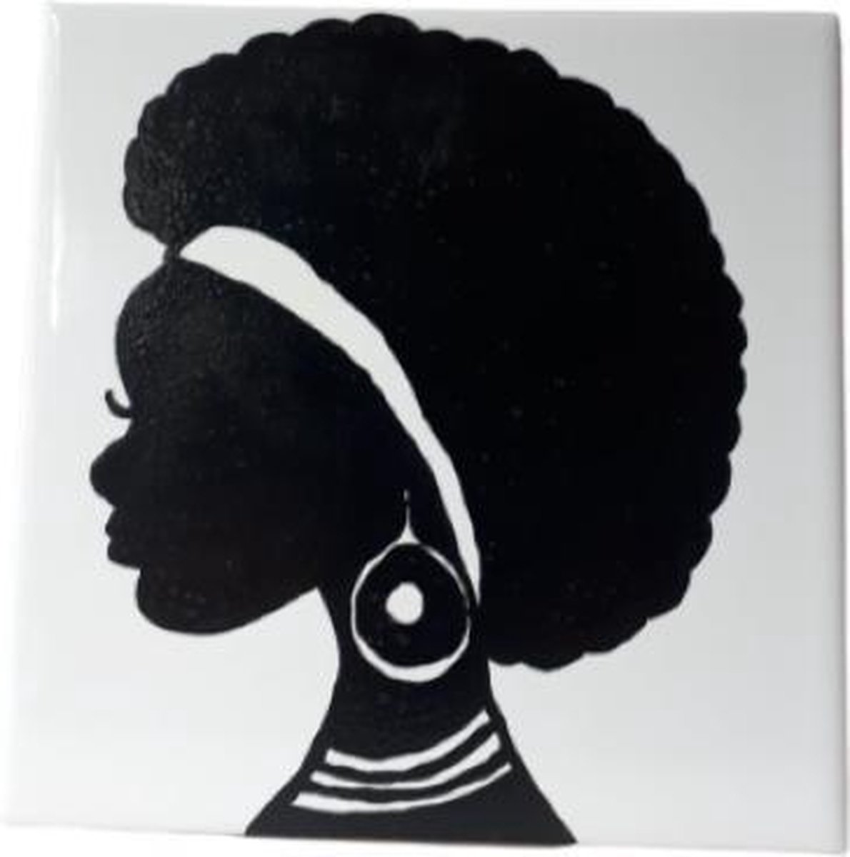 Jacqui's Arts & Designs - African design - Afrikaanse dame- kunsttegeltje - handbeschilderd tegel - keramiek tegel - zwart/wit - silhouet - Afro kapsel - Afrikaanse vrouw