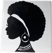 Jacqui's Arts & Designs - handbeschilderd tegel - keramiek tegel - zwart/wit - silhouet - Afro kapsel - Afrikaanse vrouw