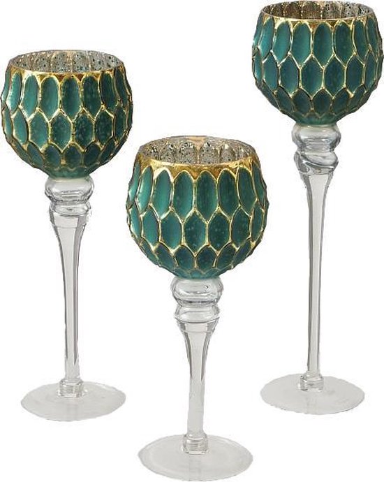 Prachtige set van 3 groene glazen sfeerlichten op voet met gouden accenten