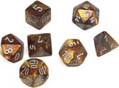 Polydice set - Polyhedral dobbelstenen set 7 delig | Set van 7 dice  | dungeons and dragons dnd dice | D&D Pathfinder RPG DnD | Goudbruin/ gold / koper gemarmerd -wit