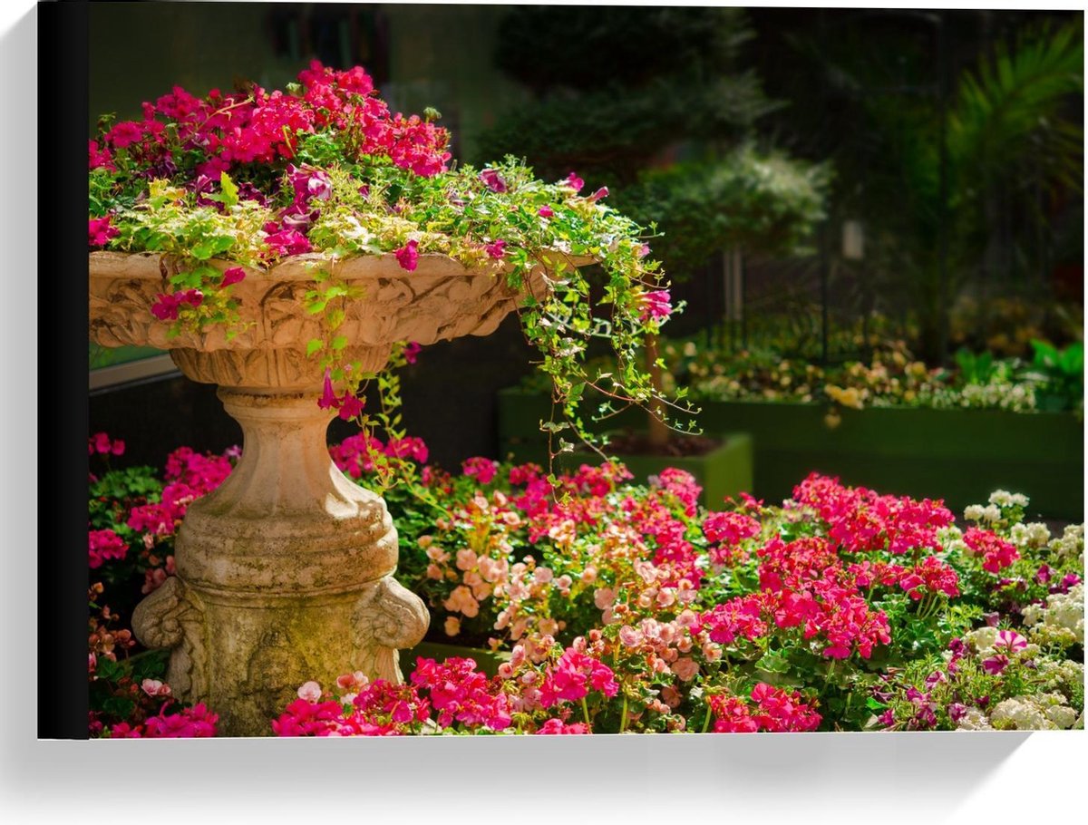 Canvas - Roze Bloemenstruik met Fontein - 40x30cm Foto op Canvas Schilderij (Wanddecoratie