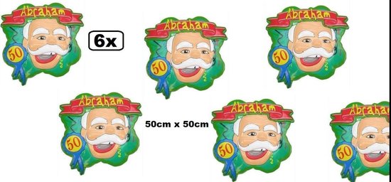 Set van 6 Abraham borden met tekst 'Abraham' en '50', 50x50cm.