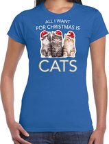 Kitten Kerst shirt / Kerst t-shirt All i want for Christmas is cats blauw voor dames - Kerstkleding / Christmas outfit XS