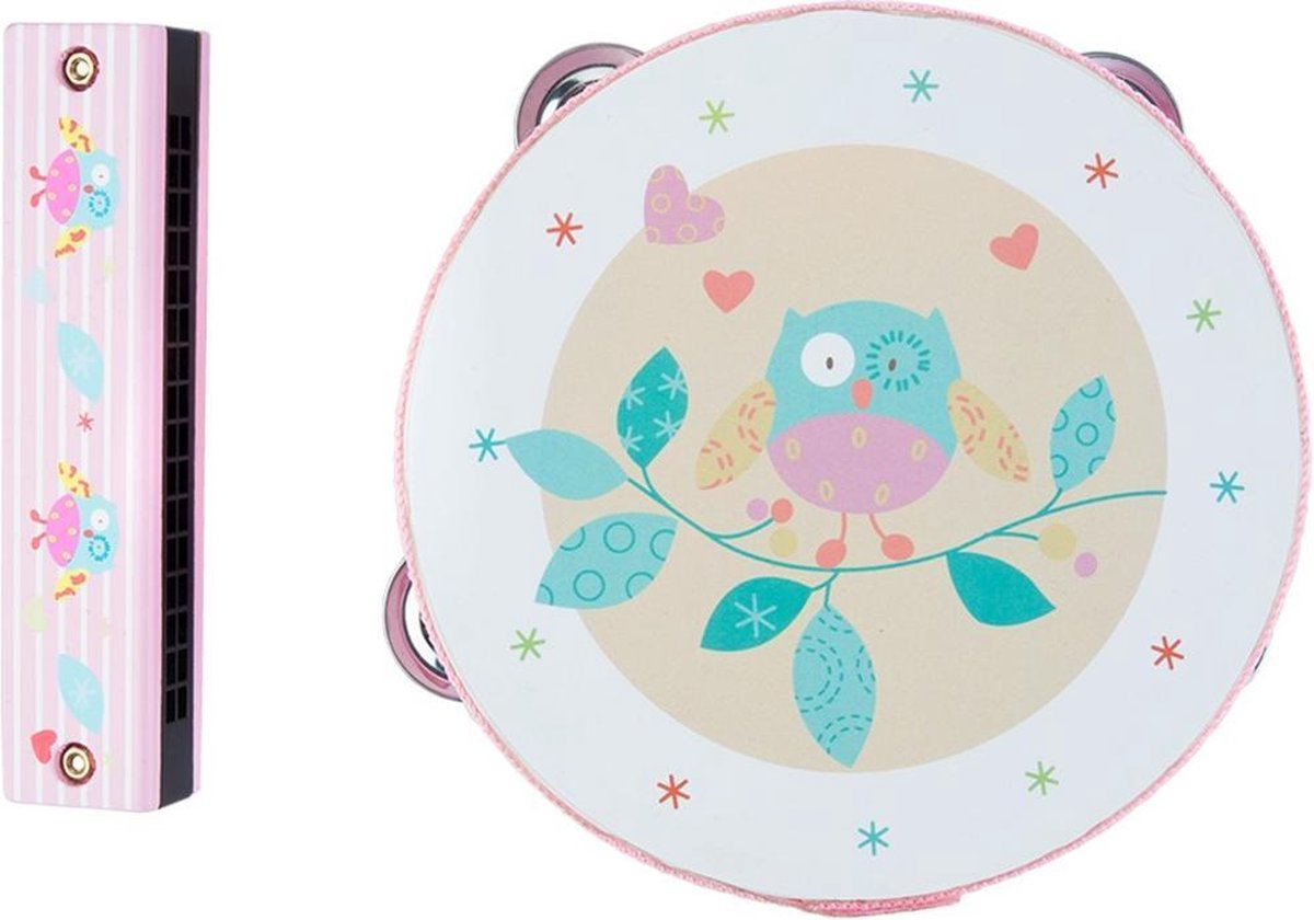 MUSIC SET WITH TAMBOURINE AND HARMONICA - PINK OWL PRINT (NET)