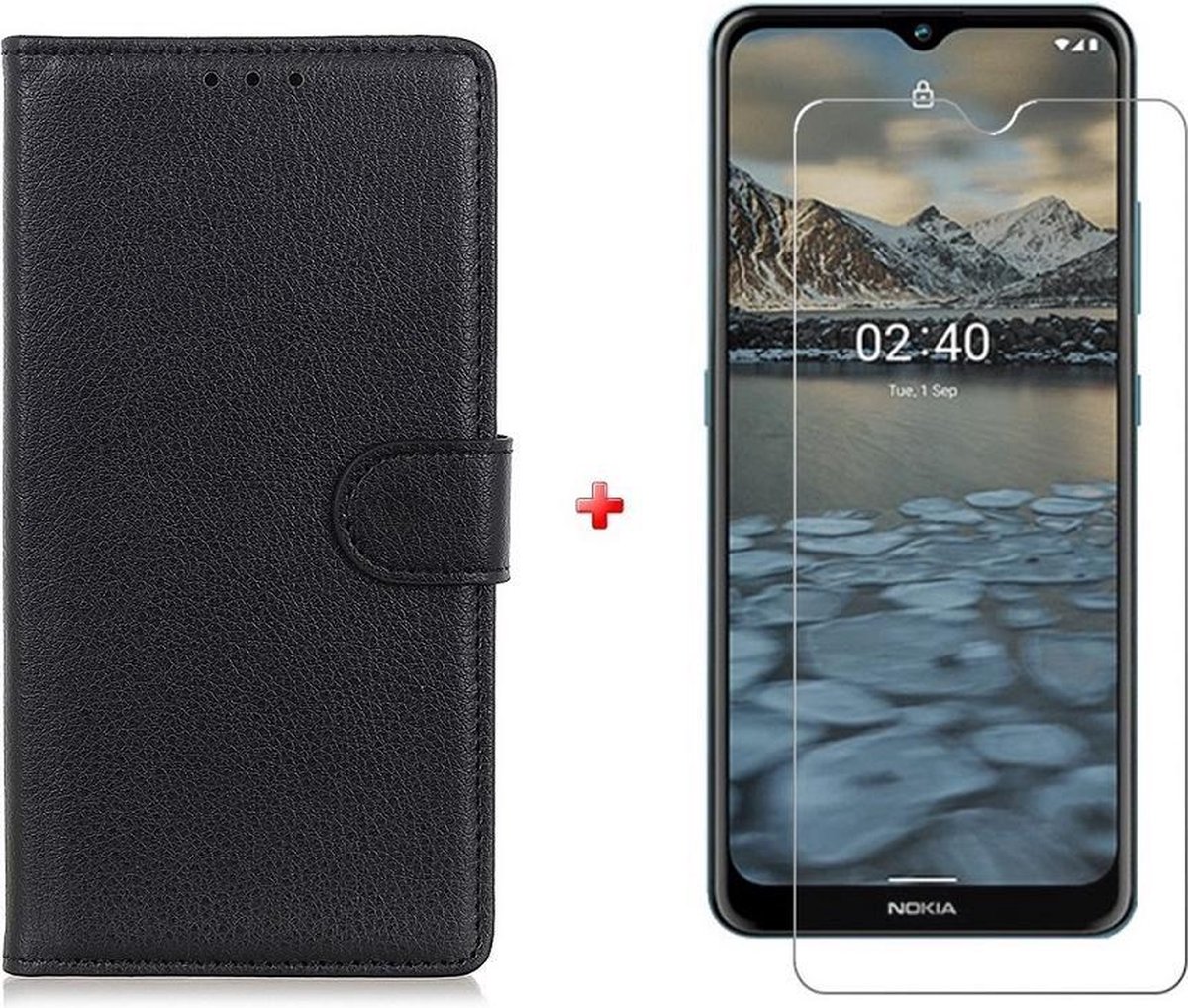 Nokia 2.4 wallet agenda hoesje zwart + glas screenprotector