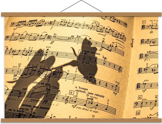 Schoolplaat – Muziekbladen met Schaduw van Hand met Roos - 90x60cm Foto op Textielposter (Wanddecoratie op Schoolplaat)