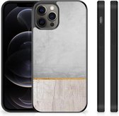 Backcase Siliconen Hoesje Geschikt voor iPhone 12 Pro Max Smartphone Hoesje met Zwarte rand Wood Beton