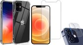 Hoesje geschikt voor iPhone 12 Mini - Transparant Siliconen Shockproof Case + Screen Protector Glas + Camera Lens Protector