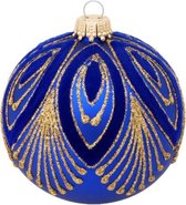 Luxe Blauwe Kerstballen met Chique Gouden Design - set van 3 stuks - met de hand gedecoreerd