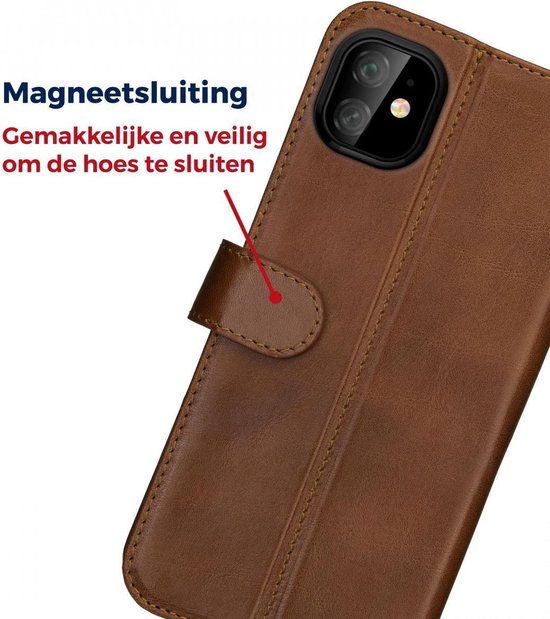 Bruine lederen telefoonhoes met magneetsluiting voor iPhone.