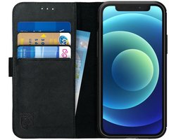 Rosso Deluxe Echt Leer Book Case Hoesje Geschikt voor Apple iPhone 12 Mini | Ruimte voor drie pasjes | Portemonnee Book Case | Met Pasjeshouder | Zwart