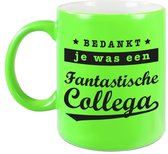 Collega cadeau mok / beker bedankt je was een fantastische collega - neon groen - afscheid / pensioen cadeau