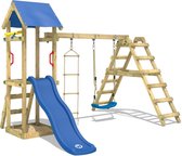 WICKEY speeltoestel klimtoestel TinyLoft met schommel & blauwe glijbaan, outdoor klimtoren voor kinderen met zandbak, ladder & speelaccessoires voor de tuin