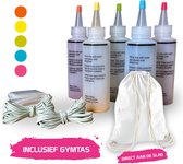 Tie Dye Kit met 5 Kleuren en gymtas - Complete Tie Dye Starterset - Fuchsia, Oranje, Geel, Lime & Turqoise - 120 ml - Textielverf - Tie Dye tas - Tie Dye Paint - Batik verf