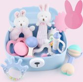 Bijtring + Bijtspeelgoed 9 delig - Babyspeeltje & zachte maracas rammelaar in geschenkdoos - met cadeau doos - Roze konijn