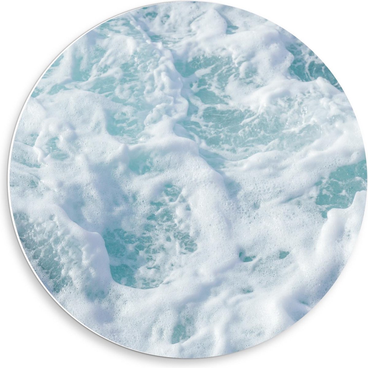 Forex Wandcirkel - Schuimende Blauwe Zee - 50x50cm Foto op Wandcirkel (met ophangsysteem)