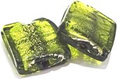 Glaskraal handgemaakt vierkant XL zilverfolie appelgroen 30x25 mm, 6 st
