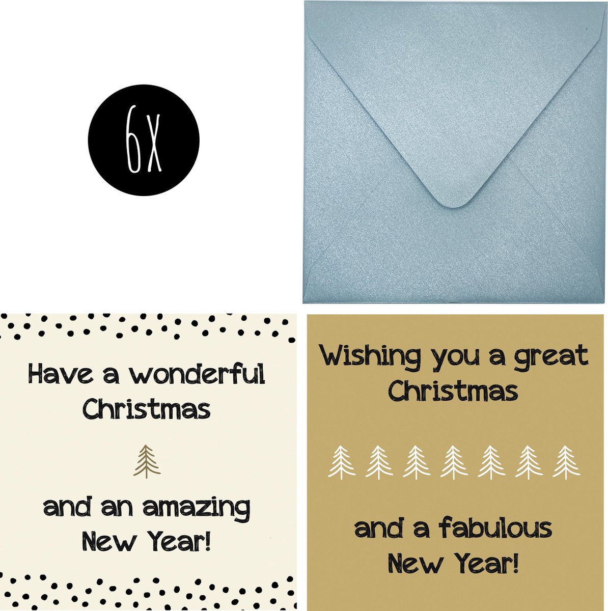 6 luxe kerstkaarten | LIEVE KERST | set kaarten met zilvergrijze enveloppen | Wonderful Christmas & Amazing New Year