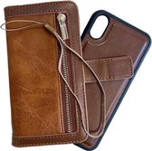 HEM iPhone XS Max DOUBLE CATCH Bruine Wallet met rits iPhone XS Max/ Book Case iPhone XS Max / Boekhoesje iPhone XS Max / Telefoonhoesje iPhone XS Max / Hoesje met pasjesflip en rits voor kle