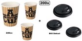 200x Koffiebeker karton A Hot Cup 240ml  met  BIO deksel zwart - biologisch afbreekbare deksel - Koffie thee chocomel soep drank water beker karton