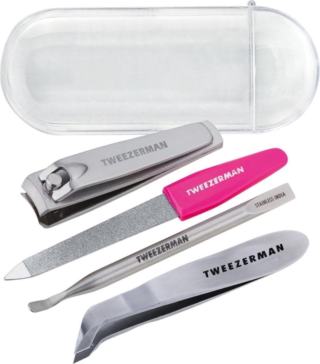 Goedkoopste Tweezerman Mini nagelset - RVS - Manicureset met Nagelvijl, Nagelknipper, Bokkenpoot en Nagelriemknipper - Roze