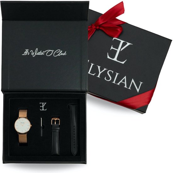 Elysian - Horloge Geschenkset Vrouwen - Rosé Gouden mesh horloge geschenkdoos met leren horlogebandje - Roestvrij Staal - Cadeau Voor Vrouw