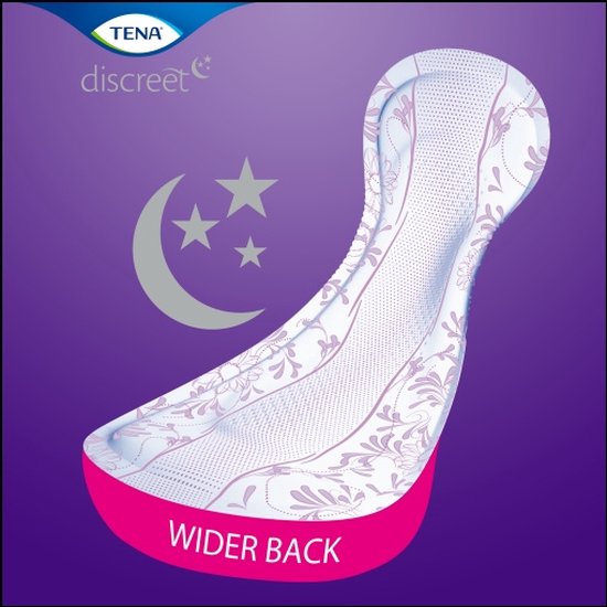 Wit TENA Discreet Maxi Night inlegkruisje met paarse bloemenprint en roze band.