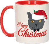 Cadeau kerstmok rood Merry Christmas met grijze kat - 300 ml - keramiek - mok / beker - Kerstmis - kerstcadeau kattenliefhebbers