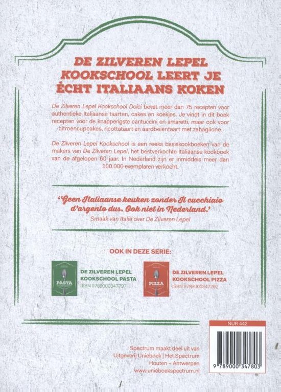 Achterkant van een kookboek met een lijst van boeken in de serie: Pasta, Pizza. ISBN 9789000347797 en 9789000347282.