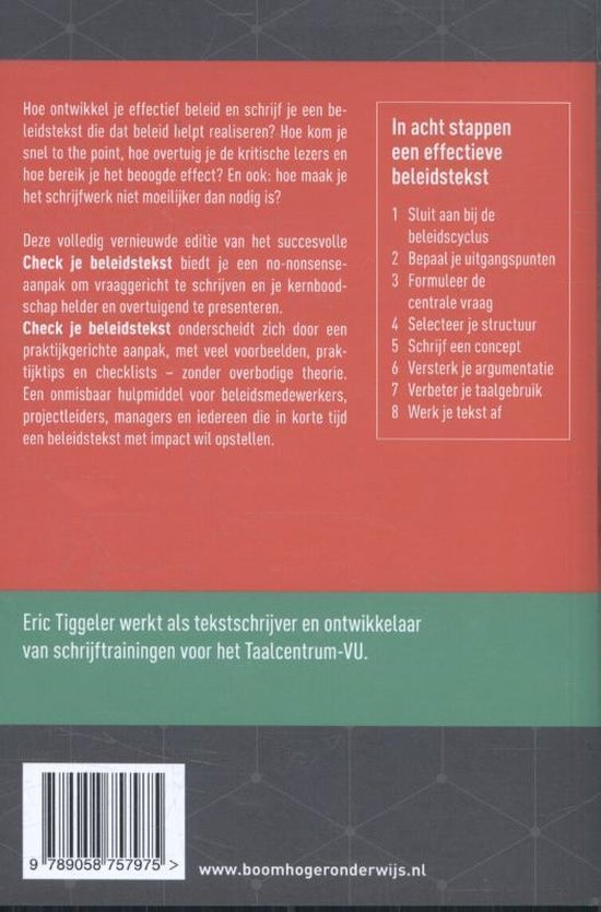 Achterkant van het boek 'Check je beleidstekst' met tekst over de inhoud en auteur.