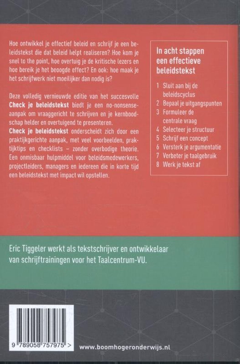 Achterkant van het boek 'Check je beleidstekst' met tekst over de inhoud en auteur.
