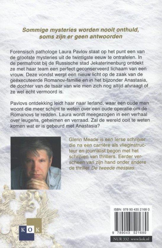 Achterkant boek met foto van Glenn Meade en tekst over het boek 'Het Romanov mysterie'.