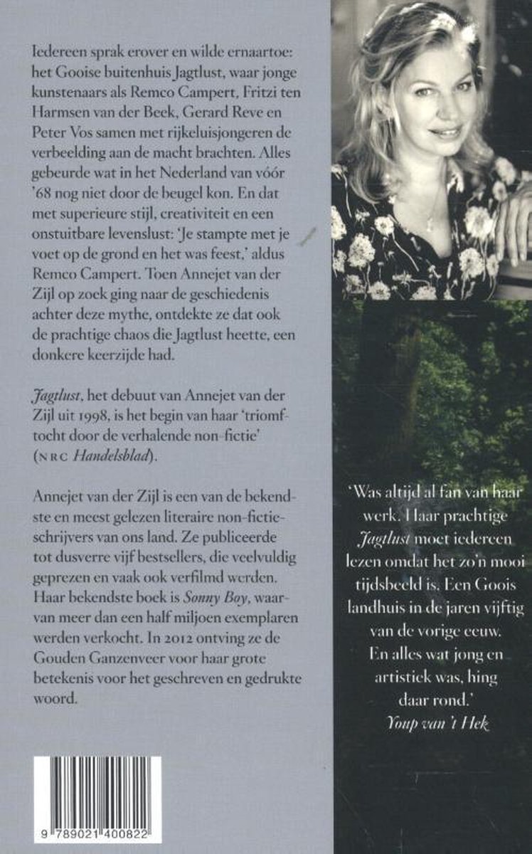 Achterkant van het boek Jagtlust met een zwart-wit portret van Annejet van der Zijl en uitgebreide flaptekst.