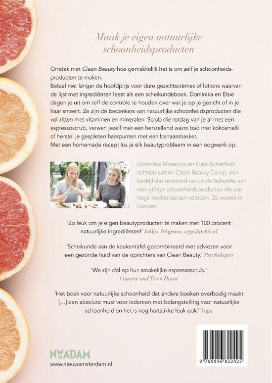 Boekomslag met grapefruitpartjes, tekst 'Maak je eigen natuurlijke schoonheidsproducten' en twee vrouwen die in een keuken werken.