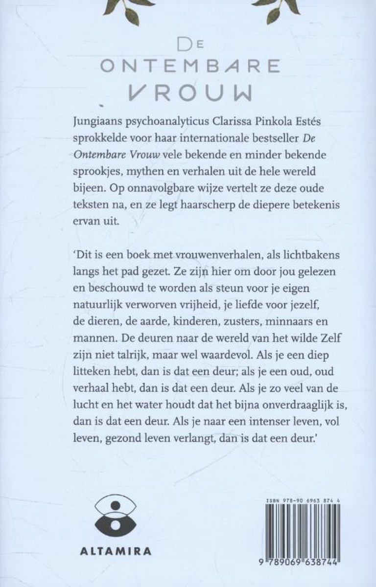 Achterkant van het boek 'De Ontembare Vrouw' met tekst over psychologie, mythen en verhalen. Rechtsonder een ISBN-streepjescode.