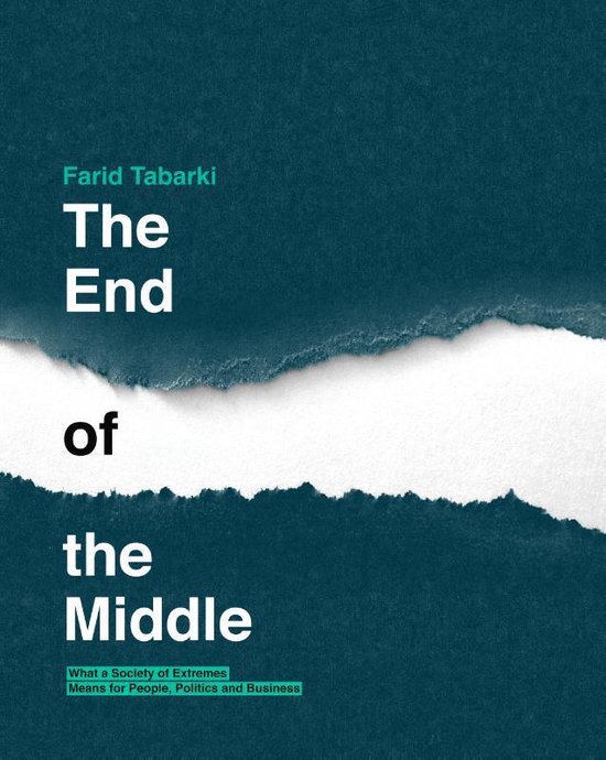 Boekcover 'The End of the Middle' van Farid Tabarki. Getextureerde blauwe achtergrond met witte scheur.