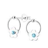 Joy|S - Zilveren Daisy bloem oorbellen in cirkel kristal blauw