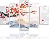 Schilderij , Japans Bergen en Bloesem   , Multikleur ,4 maten , 5 luik , wanddecoratie , Premium print , XXL